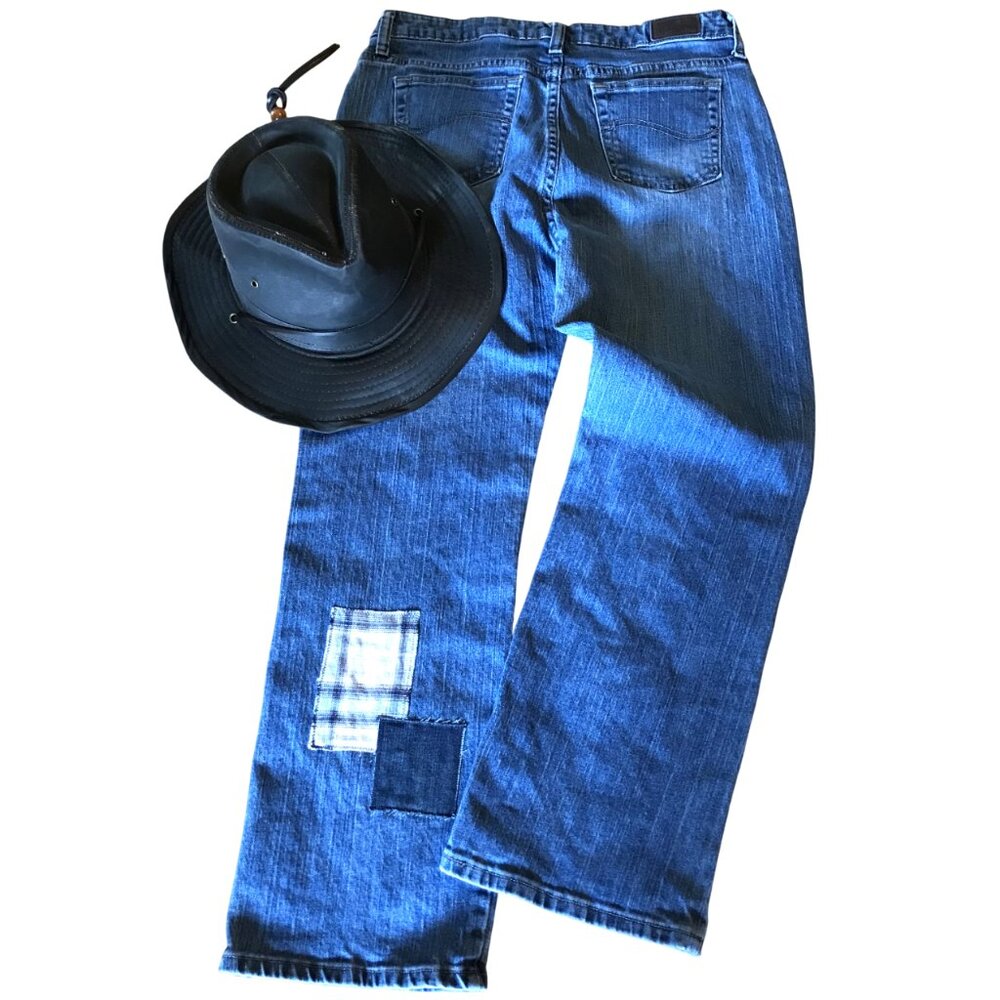 Upcycled Flannel Patchwork Jeans, Distressed Denim & Plaid Patches, Size 10P - Picture 3 of 12